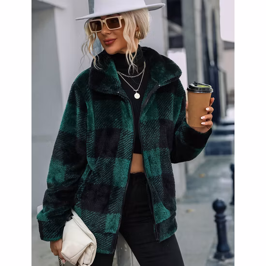 Herbst und Winter Damen Langarm-Strickjacke mit Stehkragen, karierter, normaler, langer Plüsch-Reißverschluss, zweiseitig gebürsteter Fleece-Mantel
